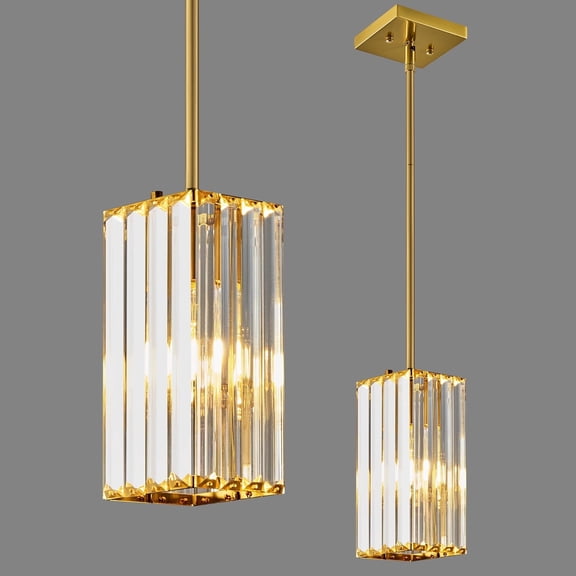 LMQNINE Modern Crystal Rectangular Chandelier,Adjustable Height Mini Pendant Light for Kitchen Island, Dining & Living Room, 1 Light Gold