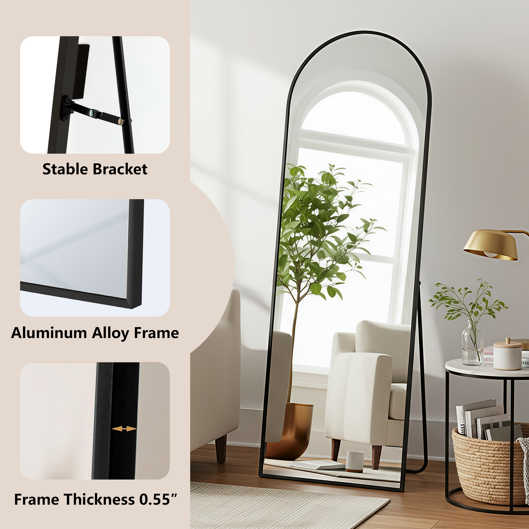 MAYEERTY Black Arch Full Length Mirror, Wall Mount or Freestanding for Bedroom/Living Room, 56" × 18"