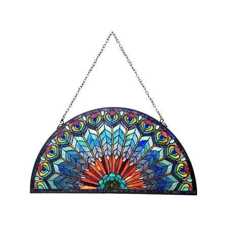 RADIANCE goods Tiffany-style Peacock Feather Glass Window Panel 35"x18"