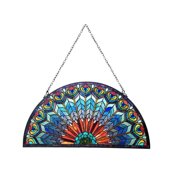 RADIANCE goods Tiffany-style Peacock Feather Glass Window Panel 35"x18"