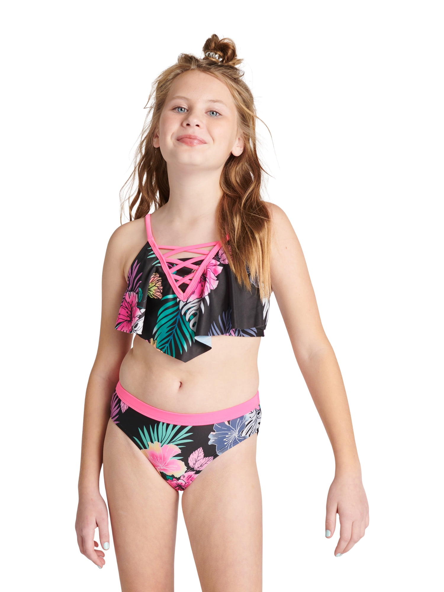 NWT Justice Girls Navy Foil Dot Scalloped Tiered Tankini Two Piece Swimsuit
