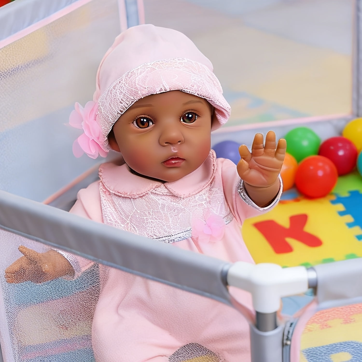 16 Inch Reborn Baby Doll Girl, Black Realistic Newborn Doll With Brown Eyes Pink Outfit, Lifelike Soft Body Baby Doll Collectible Toy For Role Play, Birthday Christmas Gift For Girls Age 3+