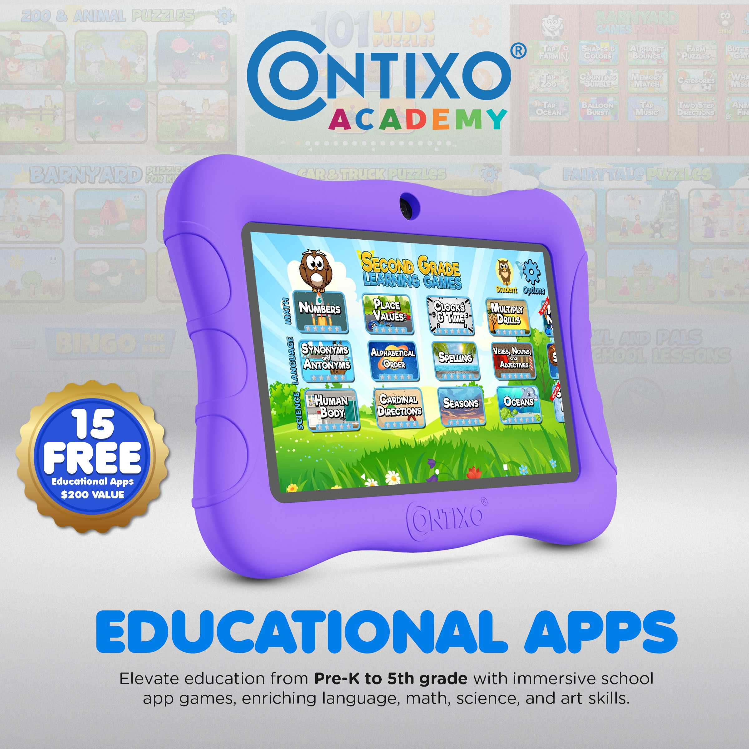 Contixo 7-Inch Kids Tablets Bundle, Educational Android Tablet with Headphones and Carrying Sleeve, Purple