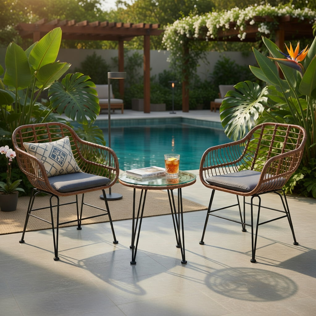 Hommoo 3-Piece Outdoor Rattan Bistro Set with Removable Cushions, Steel Frame, Tempered Glass Table, Gray