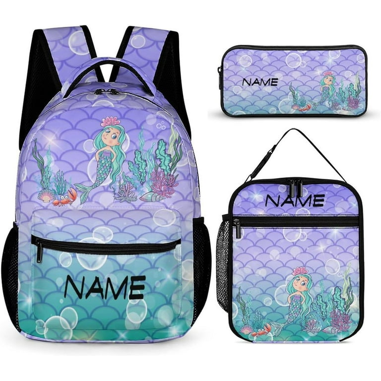 Custom 3 Piece Backpack Set Add Your Name Personalized Cute Mermaid Scale School Bag with Lunch Bag Box Pencil Case Customized Backpack for Kids Girls