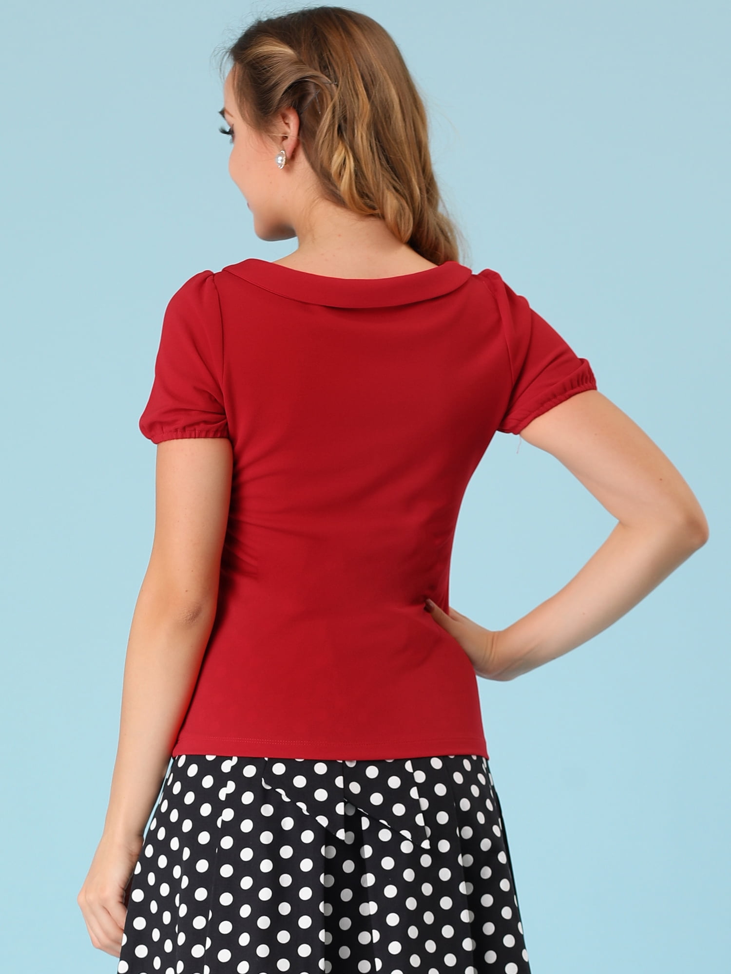 DARING DIVA Flat Collar Elastic Cuff Bow Decor Blouse L Red