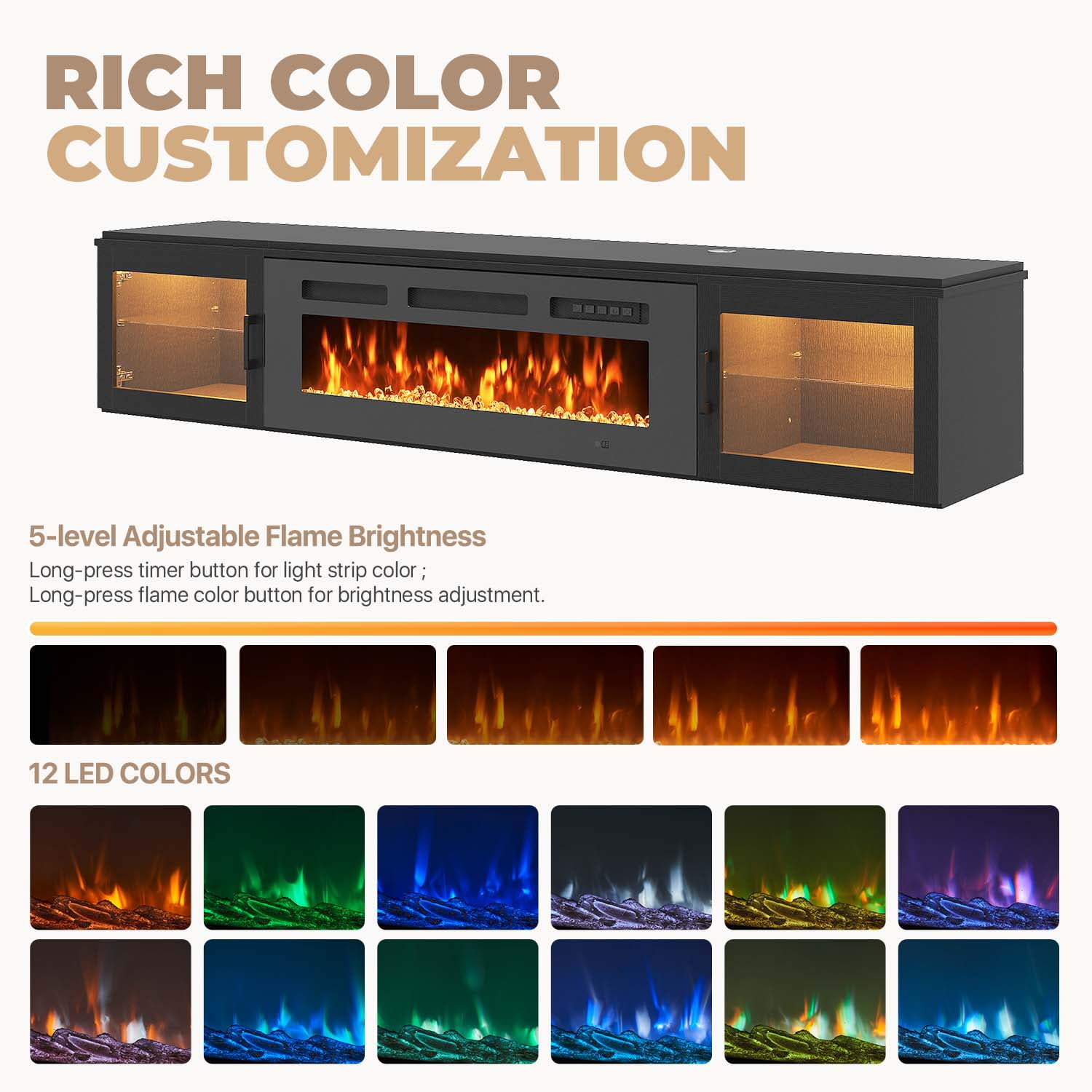 BaPiPro 70" Floating Fireplace TV Stand for TVs up to 80", Wall Mounted Entertainment Center with Media Storage, Console Table with 36" Electric Fireplace, Modern Black