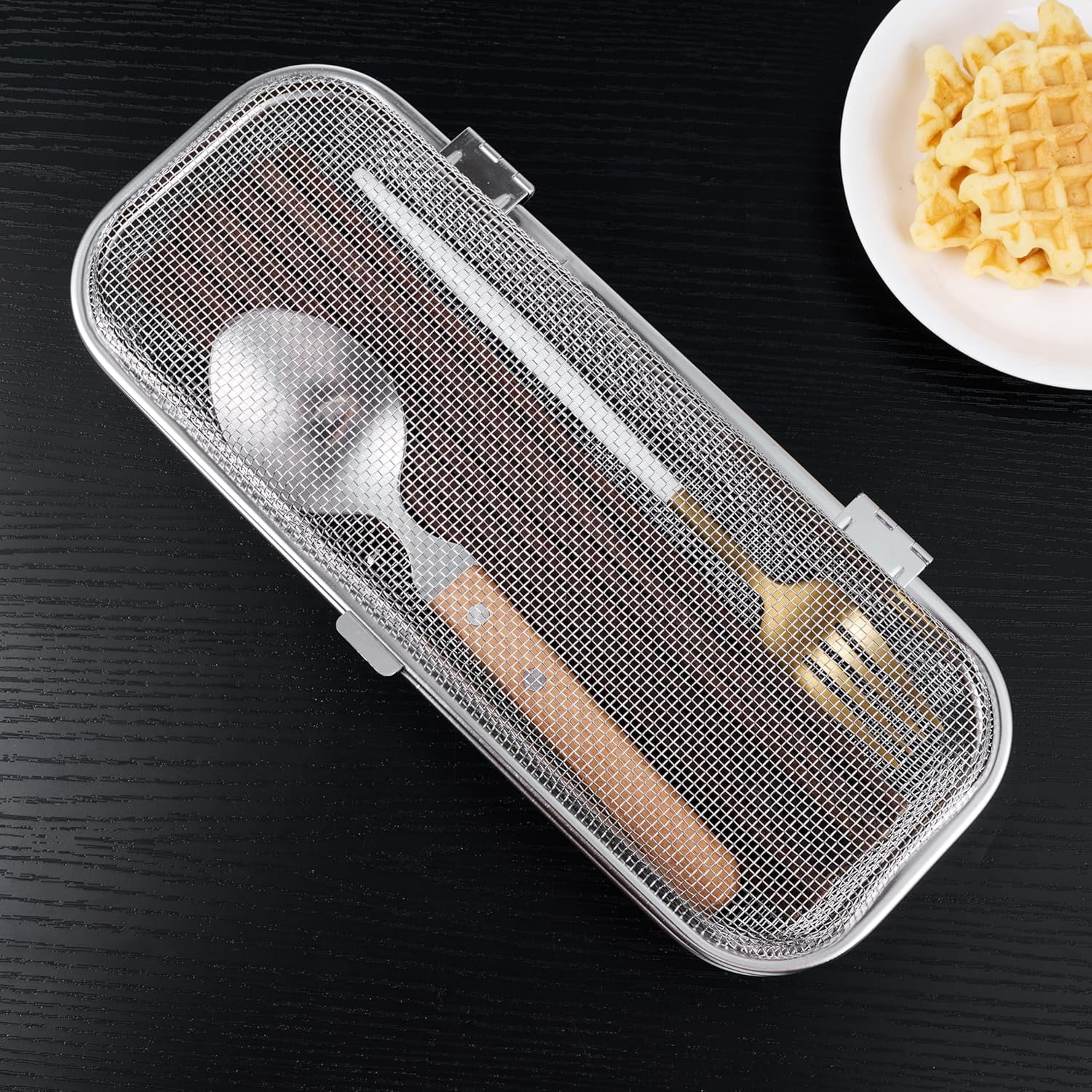 ABPETE Chopstick Holder for Dishwasher, Kitchen Small utensil organizer for drawer, Mesh 304 Stainless Steel with Lid and Lock, Great accessory for Chopstick or Straw