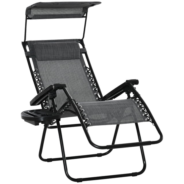 Outdoor Zero Gravity Reclining Lounger Chair with Canopy Shade, Side Tray, Cupholder, Light Grey
