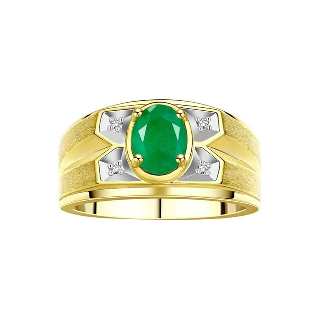 RYLOS Men's Rings 14K Yellow Gold Rings Classic Designer Style 8X6MM Oval Gemstone & Diamond Ring Emerald May Birthstone Rings For Men Size 8