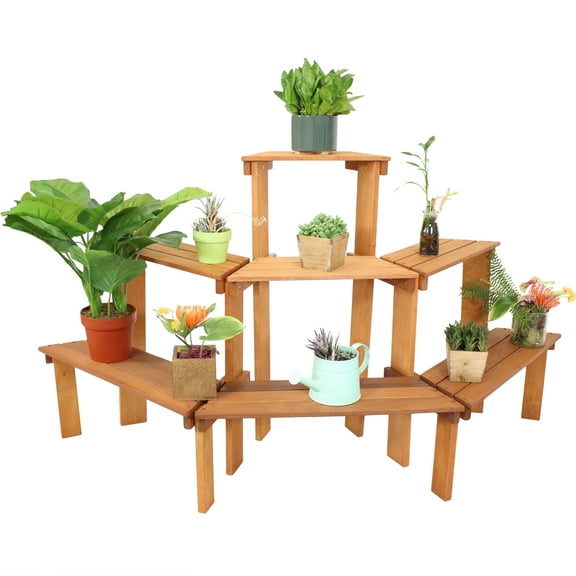 Sunnydaze 68.5" x 26.5" x 36.25" 3-Tier Brown Meranti Wood Outdoor Plant Stand Shelf