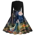 thumbnail image 3 of Women Halloween Dress Bloody Print V-Neck Long Sleeve Retro A Line Dresses 2024 Fall Cocktail Party Dress with Belt 02-Dark Blue XL, 3 of 3