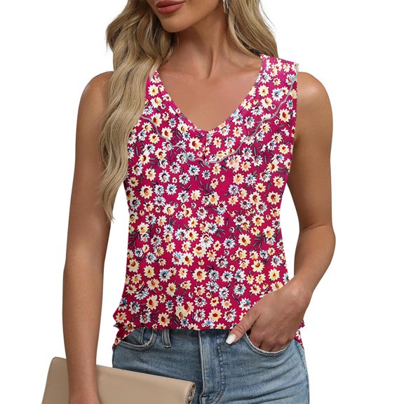 ITSAME Womens Tank Tops, Sleeveless Ruffled V Neck Floral Casual Loose Fit Tops Hot Pink L