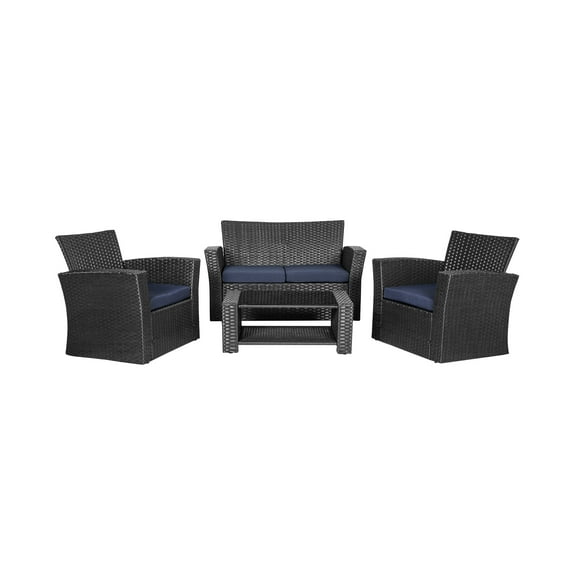 WestinTrends 4pc Outdoor Furniture Conversation Sofa Set with Loveseat, Cofee Table and Cushions, All Weather UV Resistant Rattan Wicker Patio Chairs, Black/Navy Blue