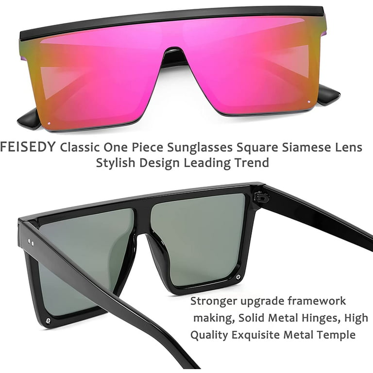 Feisedy Women Men Flat Top Shield Sunglasses Oversized Square Rimless Shades Fast Delivery UV400 B2470, Women's, Size: One size, Black