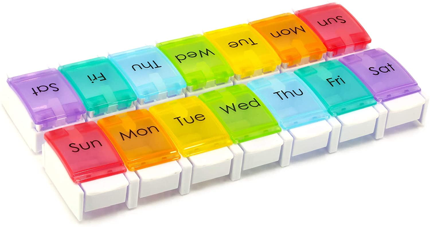 Portable Weekly 7-Day Pill Organizer, Travel Medicine Box, Rainbow Color, 2 Pack