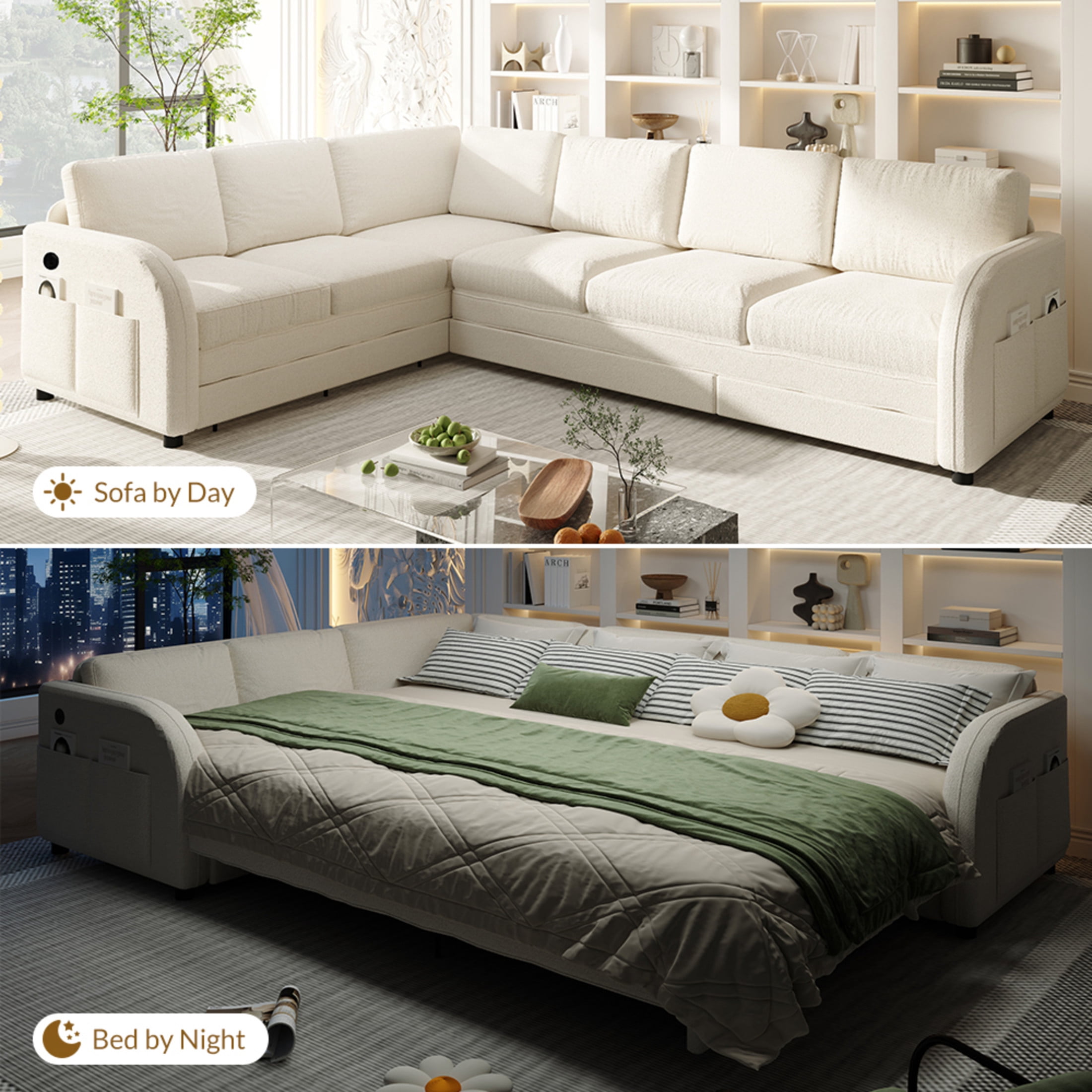 Noble House Bryan 115.2" L-Shaped Sherpa Fleece Convertible Sleeper Sectional with Charging Ports, Beige White