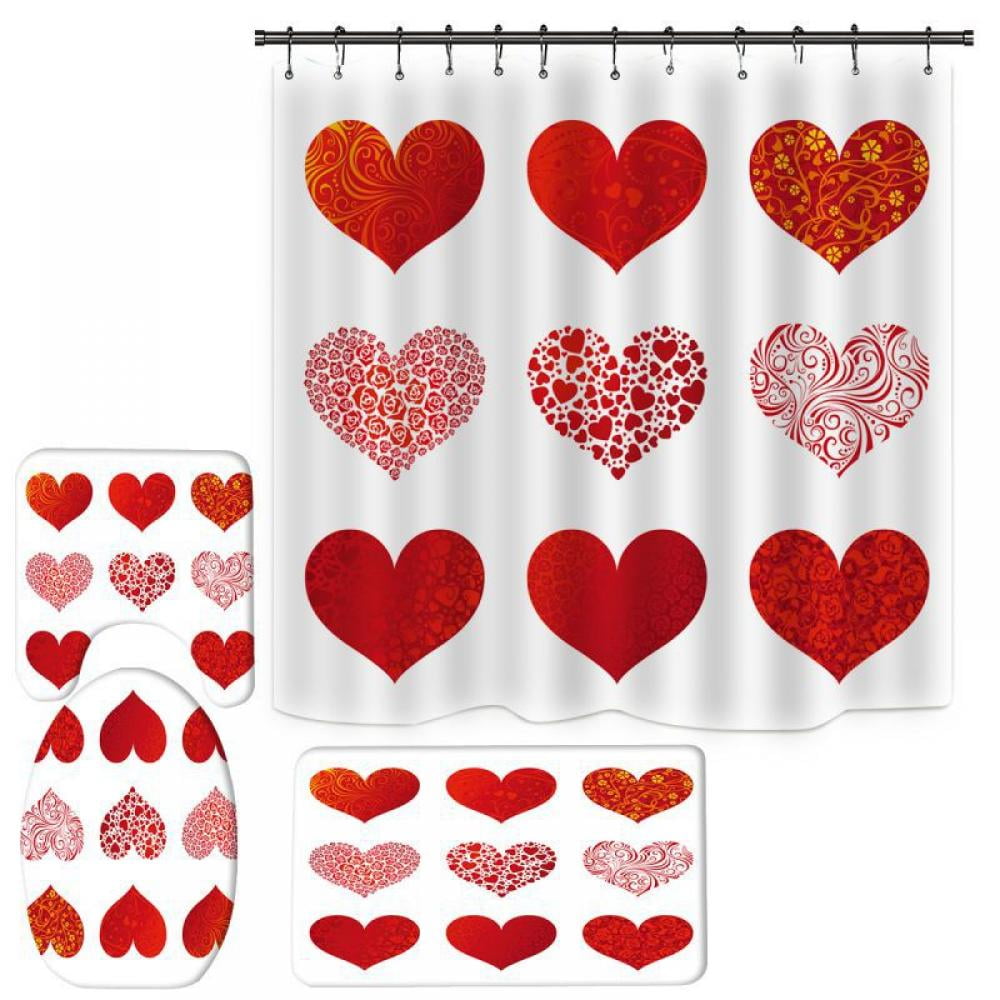 Valentine's Day Love Heart Balloons Confetti Shower Curtain Set Bathroom Decor 
