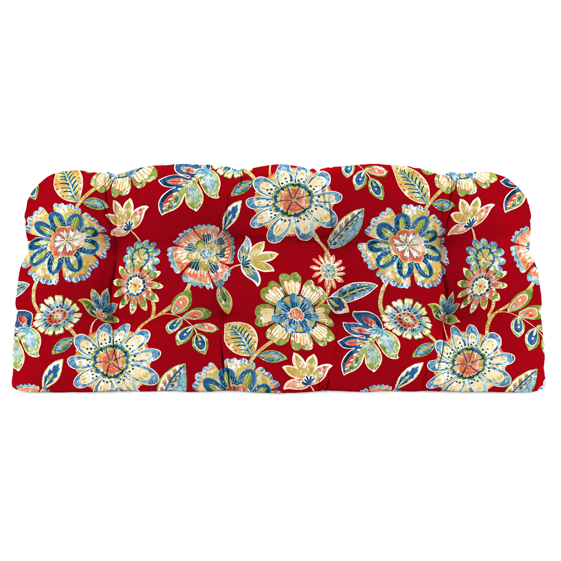 Jordan Manufacturing 44" x 18" Daelyn Cherry Red Floral Rectangular Tufted Outdoor Wicker Settee Bench Cushion with Rounded Back Corners