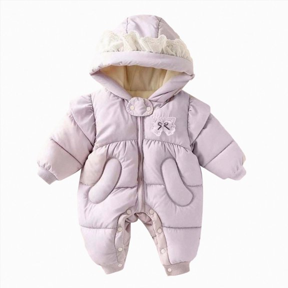 12-18 Months Newborn Baby Girl Winter Snowsuit Lace Hooded Padded Romper Warm Fleece Lined Zipper Jumpsuit Infant Cold Weather Outfit