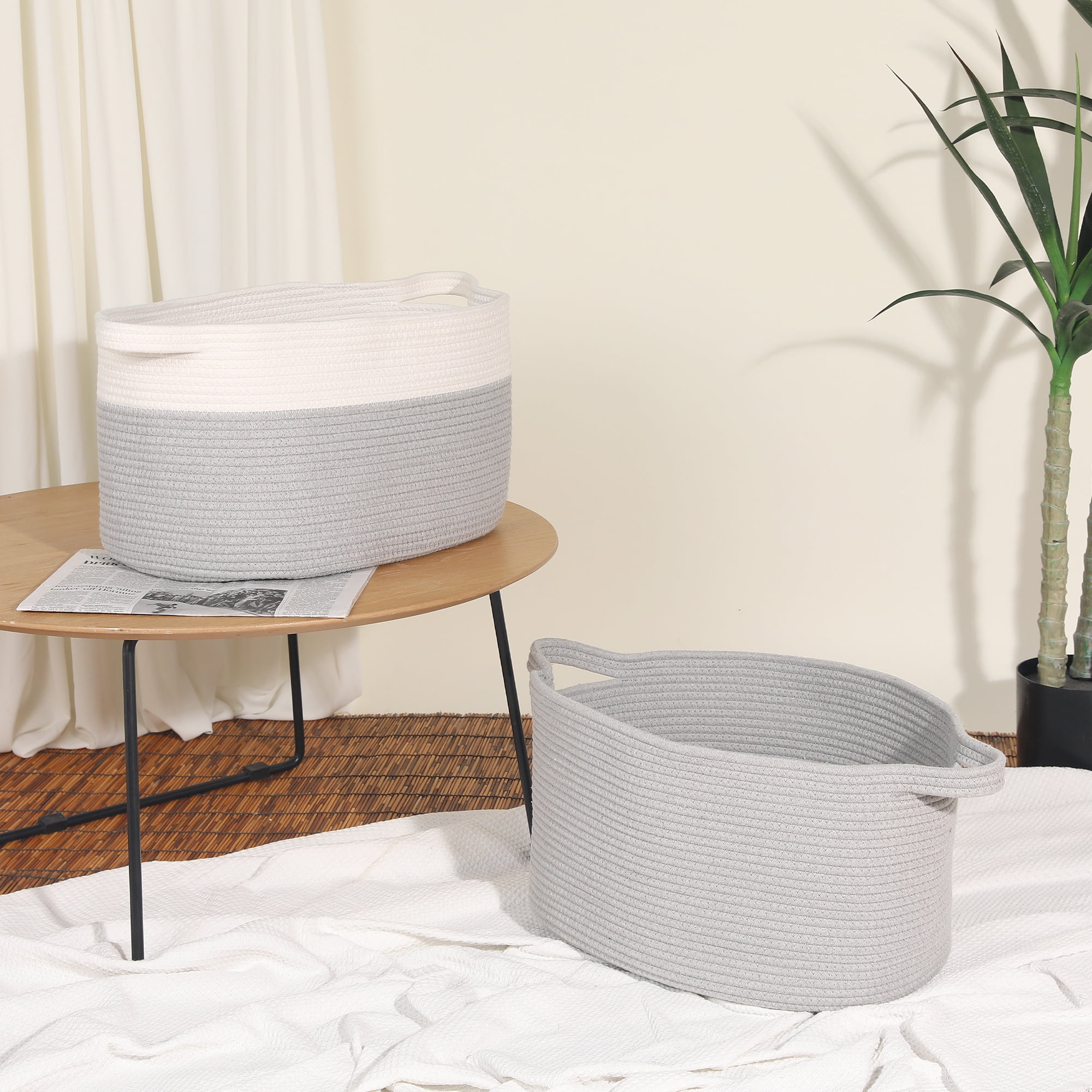 Unique Bargains Woven Storage Basket with Handle Shelf Storage Bin for Home White Grey