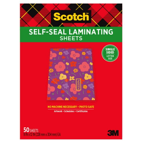 Scotch SelfSeal Laminating Sheets, 81/2" x 11", Clear, Pack Of 50 Sheets