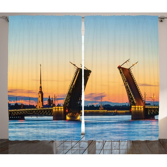 Ambesonne Travel Curtains 2 Panel Set, Bridge Seascape Sunset, 108" x 84", Orange Blue