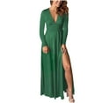 thumbnail image 2 of Cavosen Going out Dresses for Women Green Long Sleeve Maxi Dress High Side Slit Deep V-Neck Ankle Length Long Dress Solid High Waisted Pleated Casual Dress Fall Winter Clothes L, 2 of 8