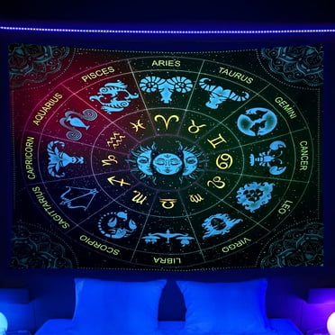 Blacklight Zodiac Astrology Tapestry, Black Light Constellation Tapestry Wall Hanging, UV Reactive Trippy Mandala Boho Tapestry for Bedroom Aesthetic, Living Room Dorm 60X40 inches