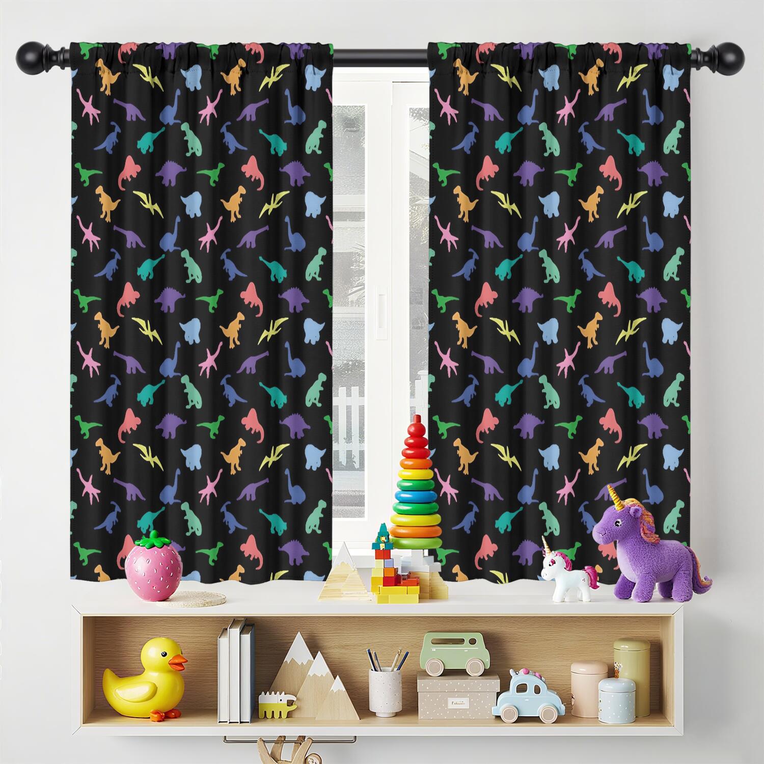 Blackout Kids Curtains,Black Colorful Dinosaurs Silhouettes Pattern Childrens Insulated Curtains Set Of 2,Bedroom Essentials,Toddler Room Decor 42"x54"