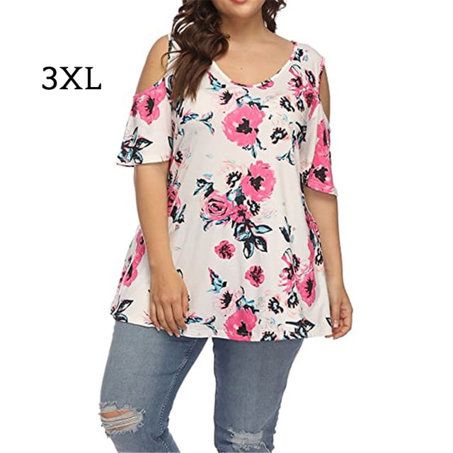 Camisa de mujer Blusa de manga corta con hombros descubiertos y estampado floral, blanco, 3XL Kearding AP002473-18