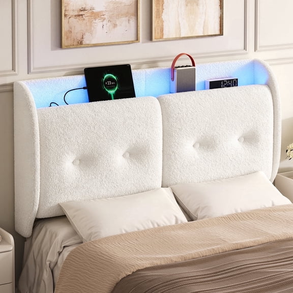 Pinmoco Queen Upholstered Headboard with Storage & Charging Station, LED Wingback Adjustable Headboard, Teddy Fabric Headboard Only, White