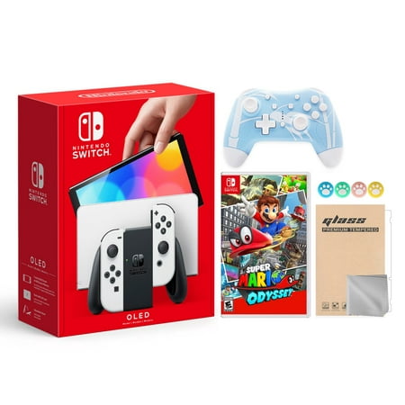 2021 New Nintendo Switch OLED Model White Joy Con 64GB Console Improved HD Screen & LAN-Port Dock with Super Mario Odyssey And Mytrix Wireless Switch Pro Controller and Accessories