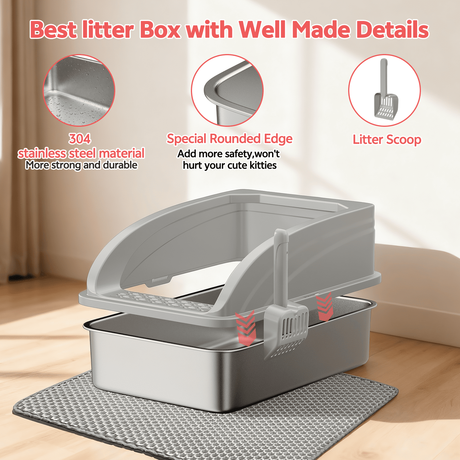 Stainless Steel Cat Litter Box,YUWENUS High Sided Cat Litter Box Metal Litter Pan with Lid Large Litter Box with Scoop, Dark Gray