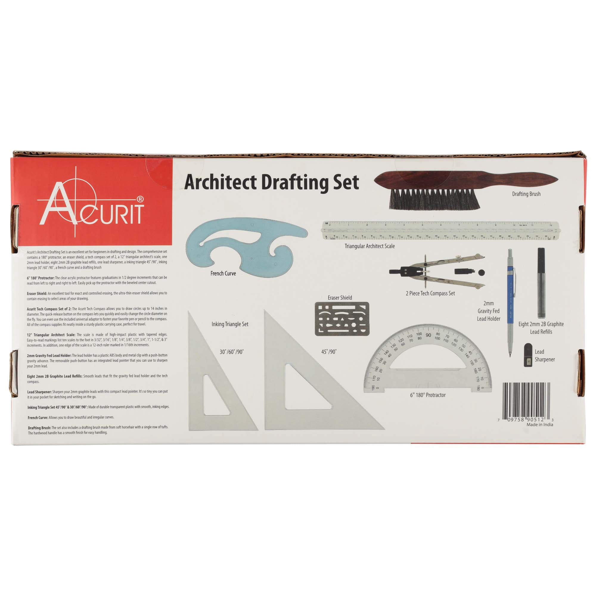 Acurit Drafting Tools Architect Set, 10 Piece Drafting Kit for Architects & Artists: Protractor, Compass, Architect's Scale, 2mm Pencil, Eraser Shield, Triangles, French Curve, Brush