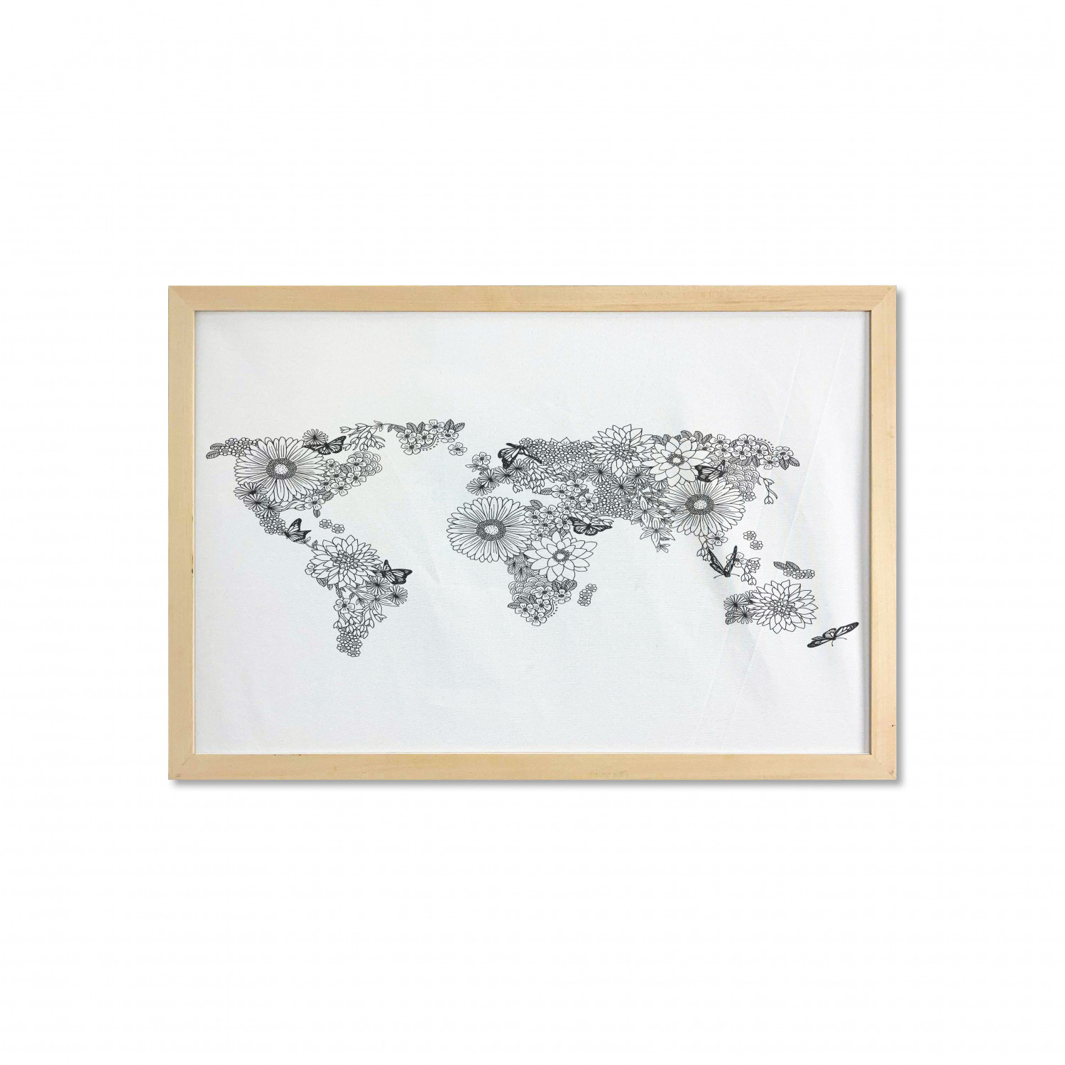 Floral World Map Wall Art with Frame, Planet Petals Atlas Butterflies ...
