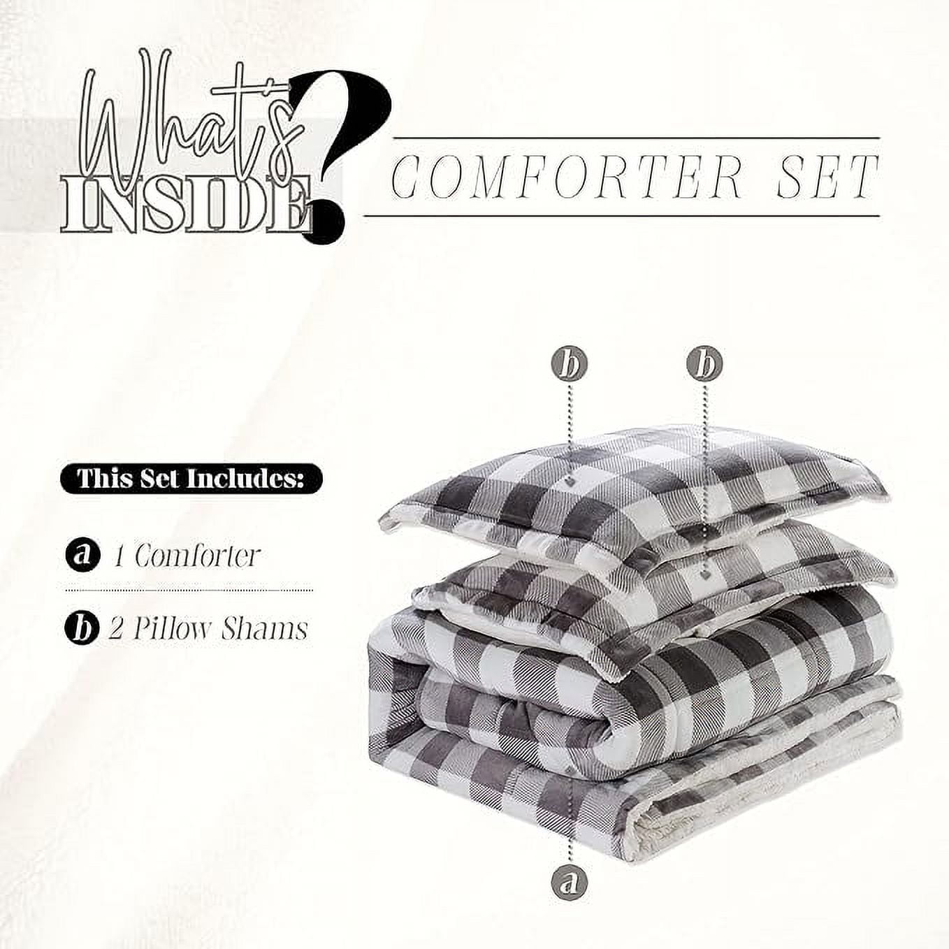 Elegant Comfort 3-Piece Buffalo Lodge-Plaid Comforter Set, Luxurious, Heavyweight, All Season, Micromink Sherpa-Backing Reversible Micro-Suede, Soft and Plush, Queen, Gray/White