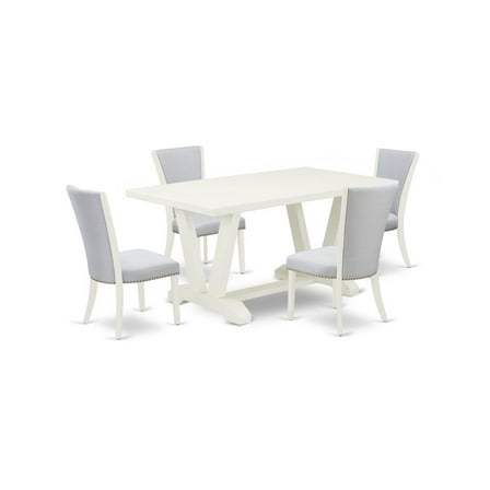 East West Furniture 5-Piece Kitchen Table Set Consists of 4 Dining Room Chairs with Upholstered Seat and Stylish Back-Rectangular Table - Cement and Wirebrushed Linen White Finish