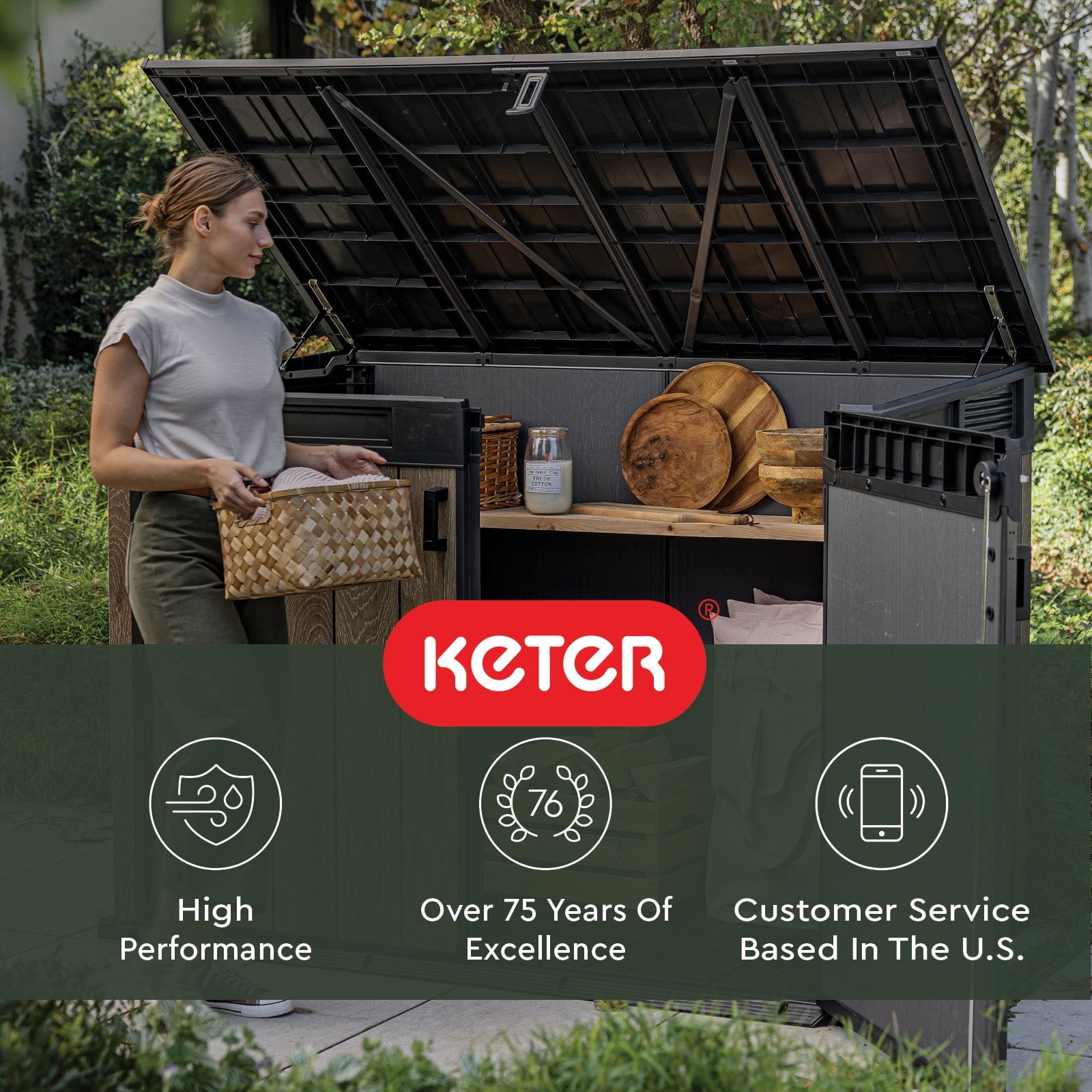 Keter Signature Horizontal Durable Resin Outdoor Storage Shed With Heavy Duty Floor and Locking Latch Double Doors, Walnut