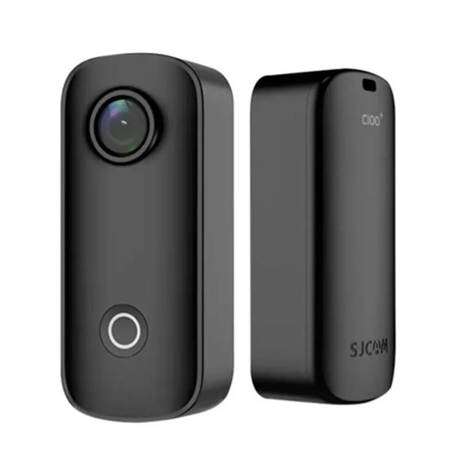 SJCAM C100+ Mini WiFi Action Camera, a compact 4K30fps wearable body camera with a magnetic design, shown in black. Features include app control, real-time WiFi transfer, underwater capability up to 30m, and helmet mounting. Suitable for vlogging, travel, sports, and action recording.