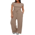 thumbnail image 2 of LYMAYTER Women Casual Suit Short Sleeve Ruched Tops High Waisted Wide Leg Pants Tracksuit Sets XS-2XL, 2 of 9