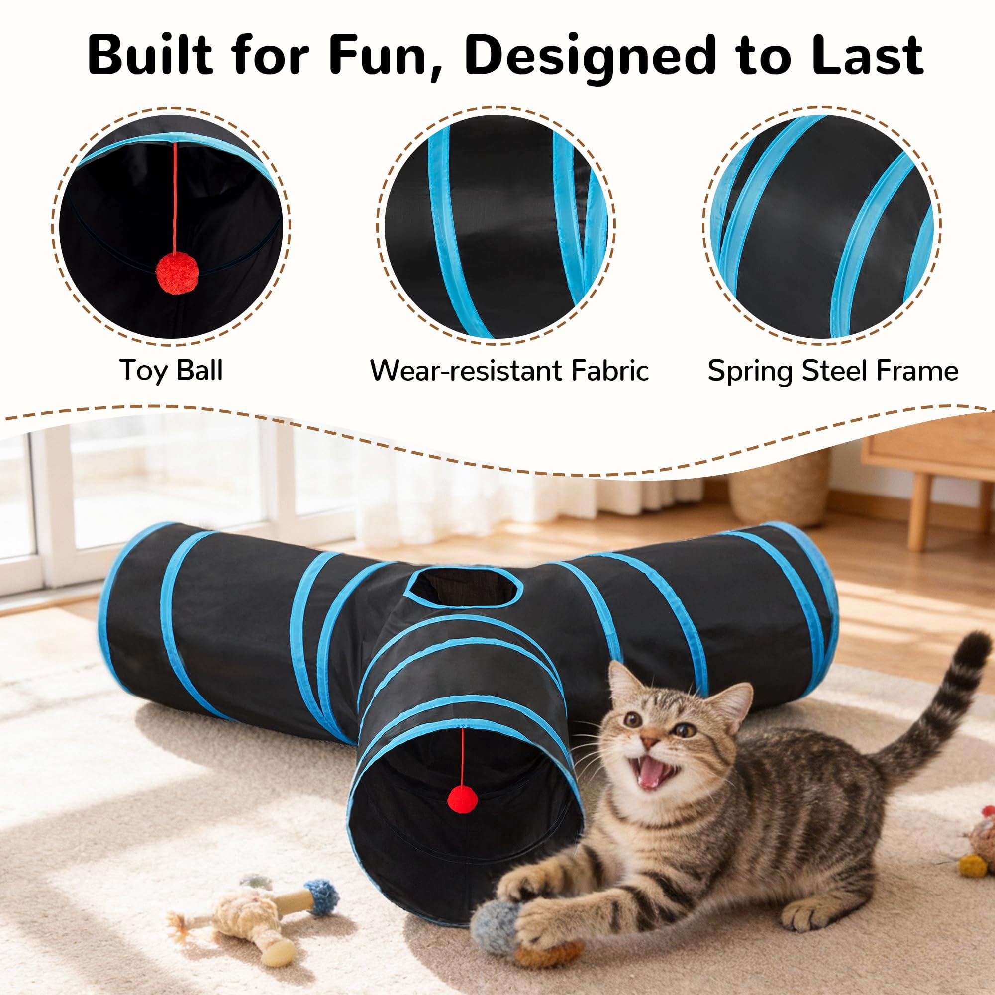 mirlewaiy Pet Cat Tunnel Collapsible Toy, 3-Way Kitty Tunnel with Peek Hole & Ball - Indoor Play Tube for Cats, Kittens, Puppy, Rabbit, Rabbit Rainbow