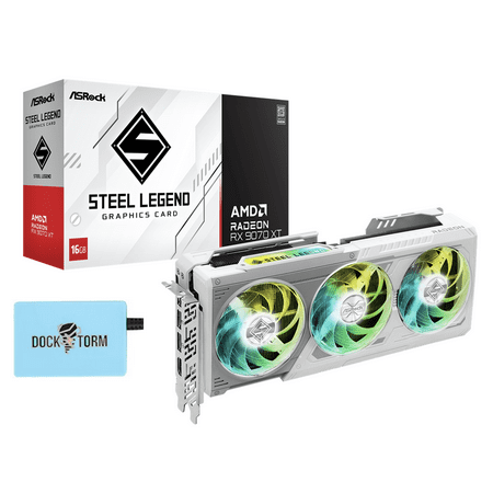 ASRock AMD Radeon RX 9070 XT Steel Legend 16GB, Boost Clock Up to 2970 MHz / 20 Gbps, Game Clock 2400 MHz / 20 Gbps, 16GB GDDR6 on 256-Bit Memory Bus, AMD RDNA™ 4 Architecture, Bundle w/Dockztorm Hub