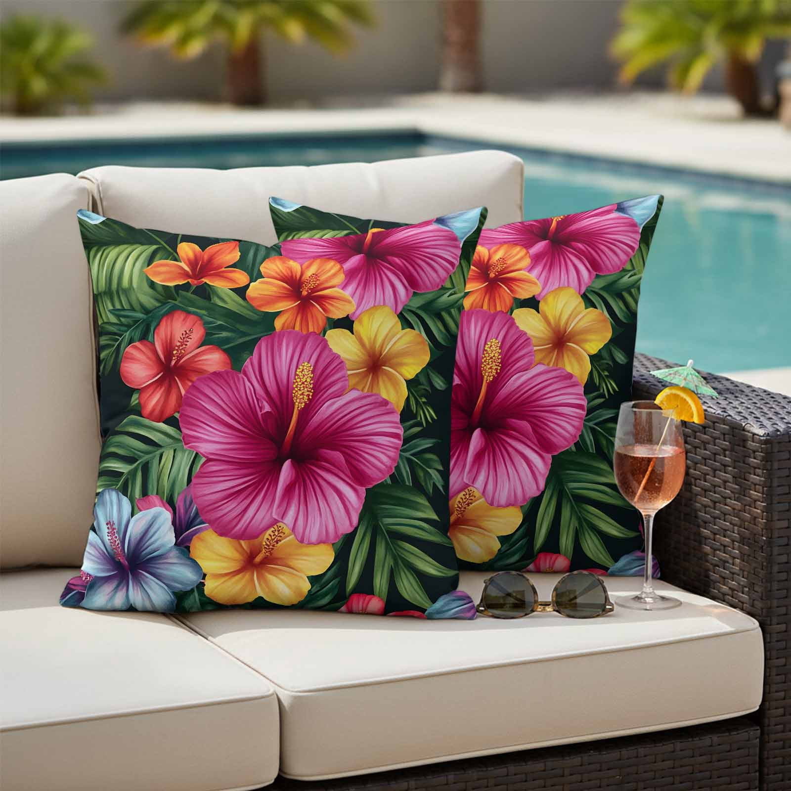 Outdoor Pillow Covers Hibiscus Flower Pink Floral Waterproof Pillow Cases 18x18 Set of 2, Country Watercolor Green Leaves Throw Pillow Cover Pillowcase for Patio Balcony Couch Garden