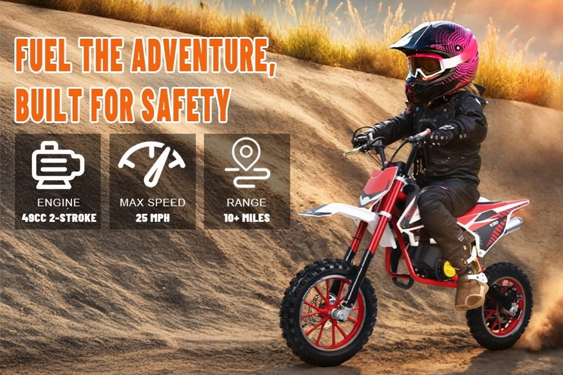 Kids Dirt Bike 49cc EPA Approved, 2-Stroke 25mph 10+ Miles for Teens Red