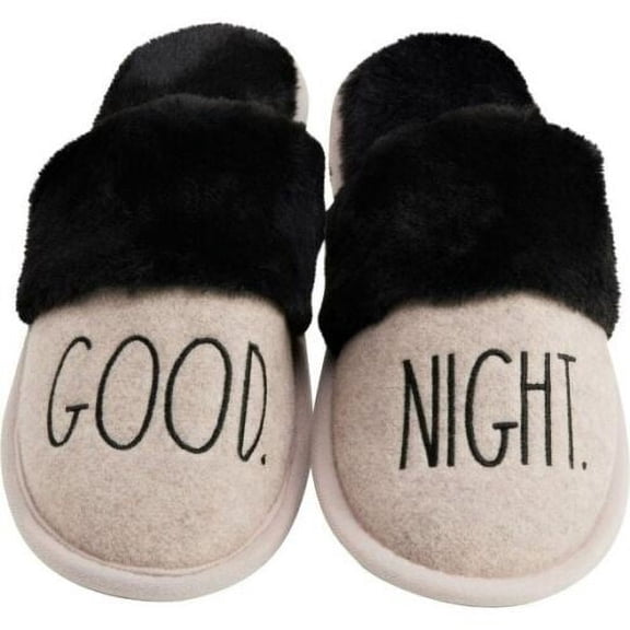 Rae Dunn Women's Good Night Faux Fur Trim Cozy Slip-On Casual Slippers Small (5-6)