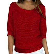 Virmaxy Sweaters For Women Boat Neck 3/4 Sleeve Classy Knitted Sweater Solid Color Pullover Loose Fit Cable Jumper Casual Fall Winter Outfits Sweaters Tops Red M
