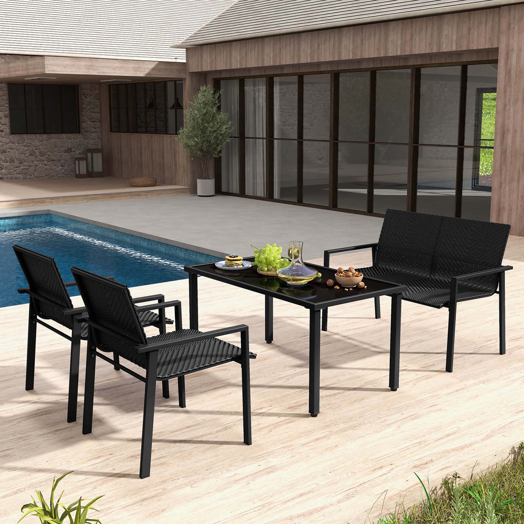 Costway 4 PCS Outdoor Wicker Patio Furniture Set w/ Heavy-Duty Galvanized Metal Frame Black