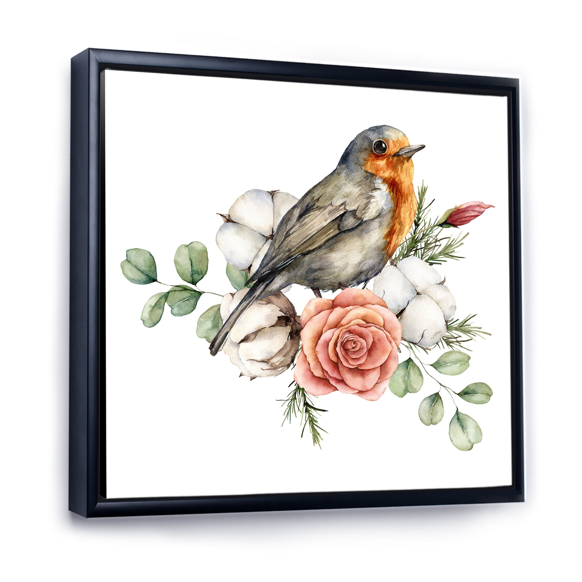 Cotton Rose and Leaves With Robin Redbreast 36 in x 36 in Framed Painting Canvas Art Print, by Designart