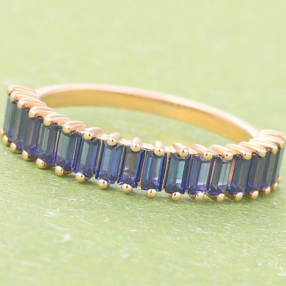 Baguette Cut Sapphire Wedding band, Rose Gold Wedding Band, Sapphire Half Eternity Stacking Band, Promise Ring, Anniversary Ring for Women